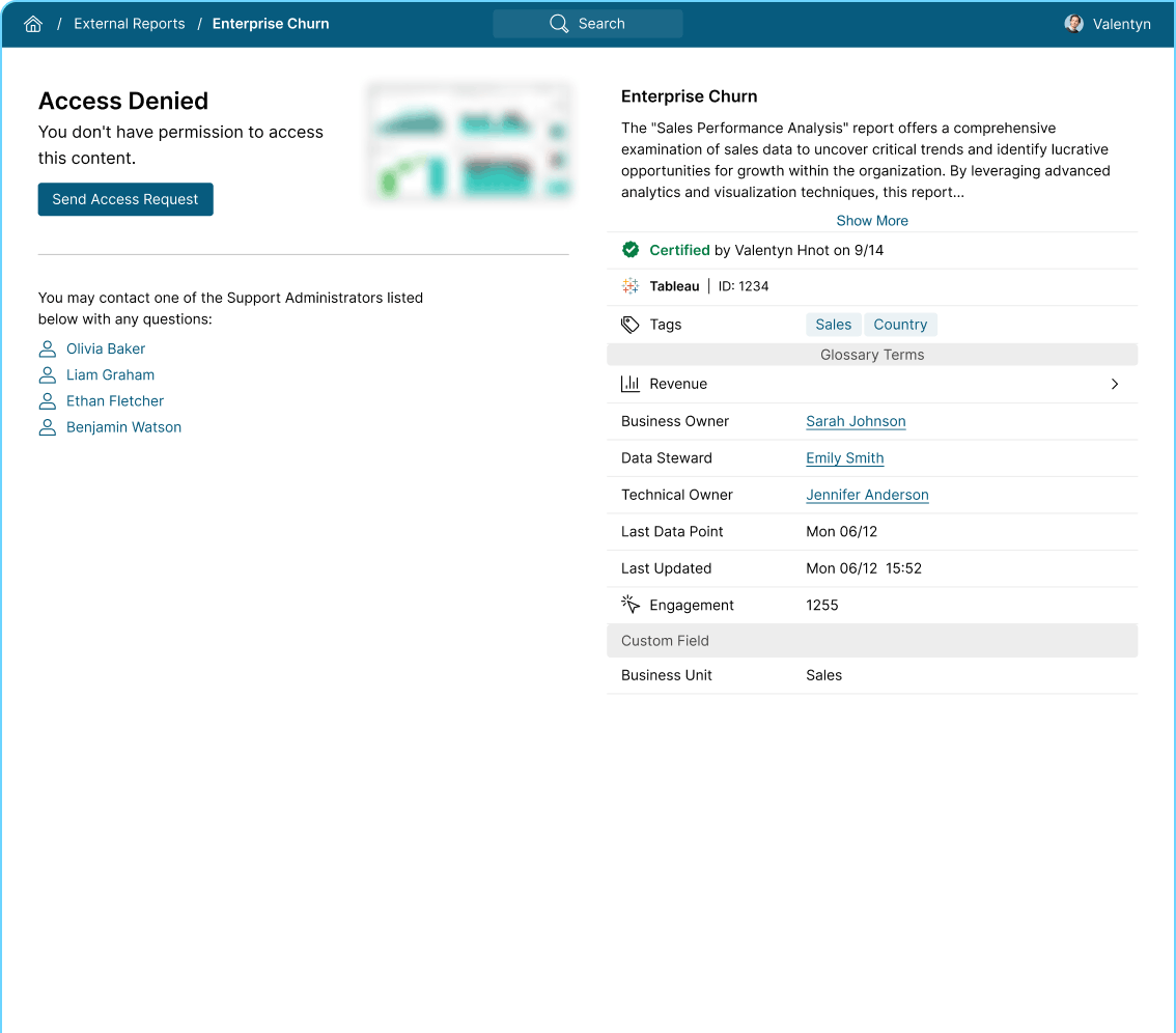 Access denied screen with workflow for submitting and managing permission requests