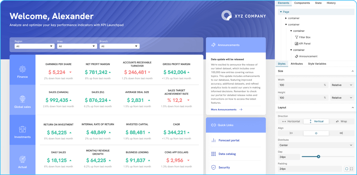 Fully branded analytics app interface with customized colors, layout, and visual identity