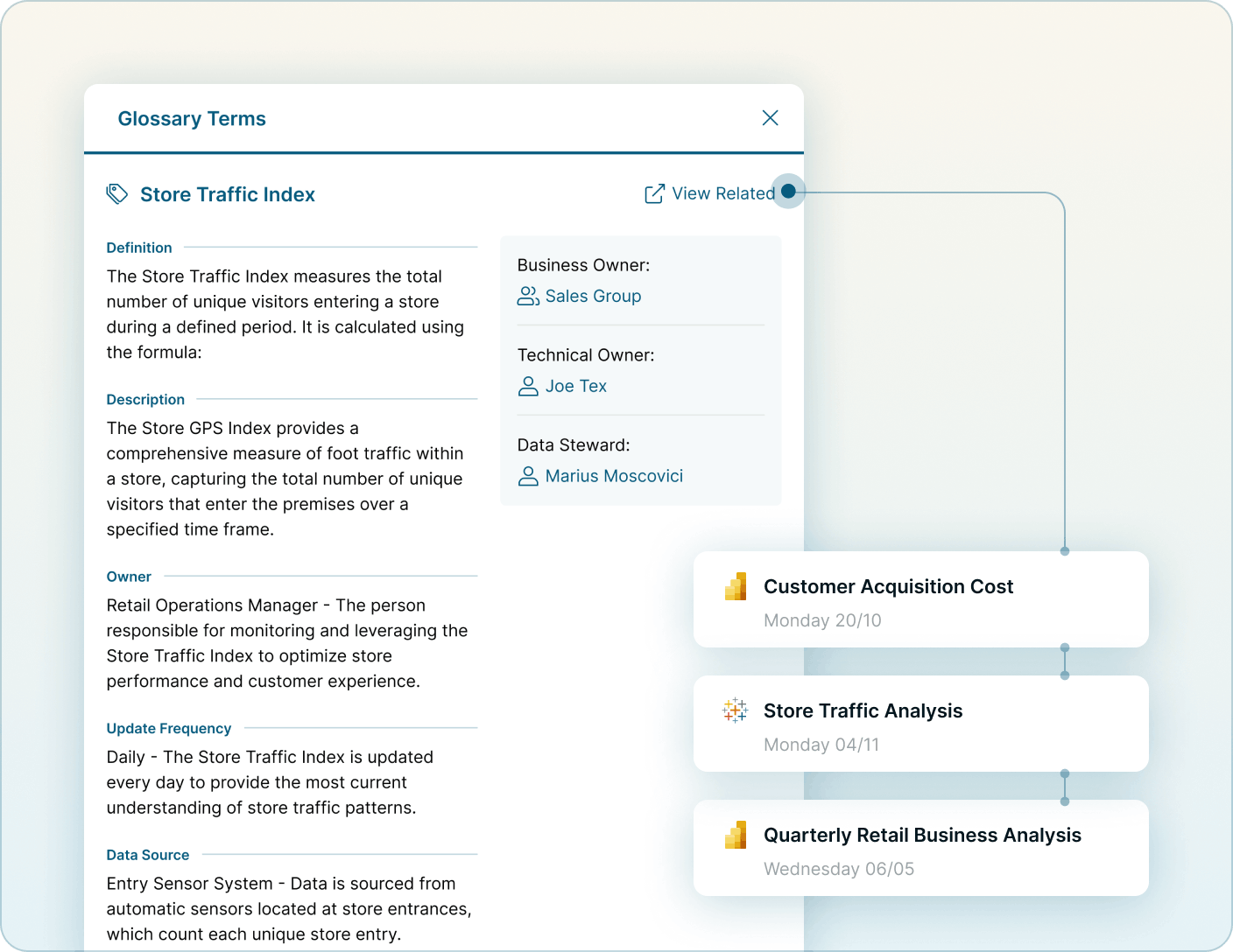 Glossary interface defining business terms with ownership and usage context Mobile Version