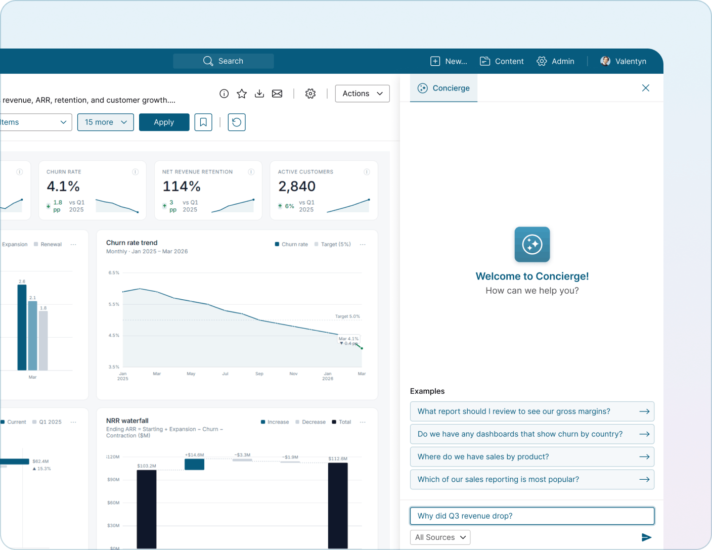 Screenshot of a Metric Insights dashboard with the Concierge chat panel open, ready to receive a question Mobile Version