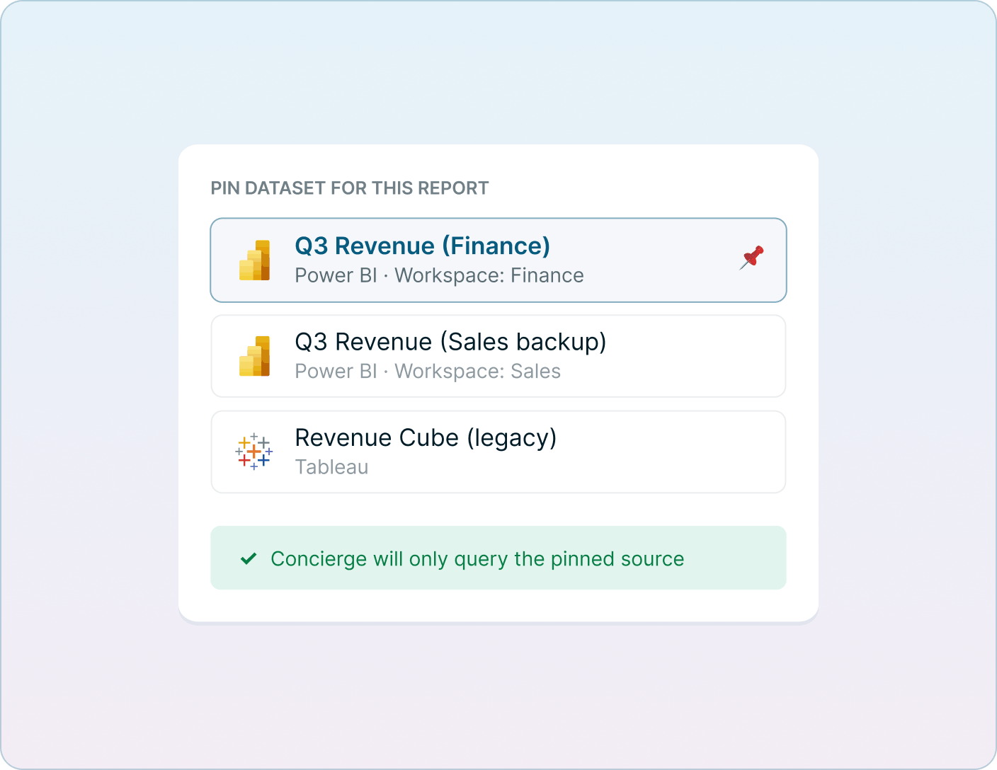 Interface for pinning the exact Power BI dataset or Tableau data source a high-traffic report should query, to eliminate ambiguity Mobile version