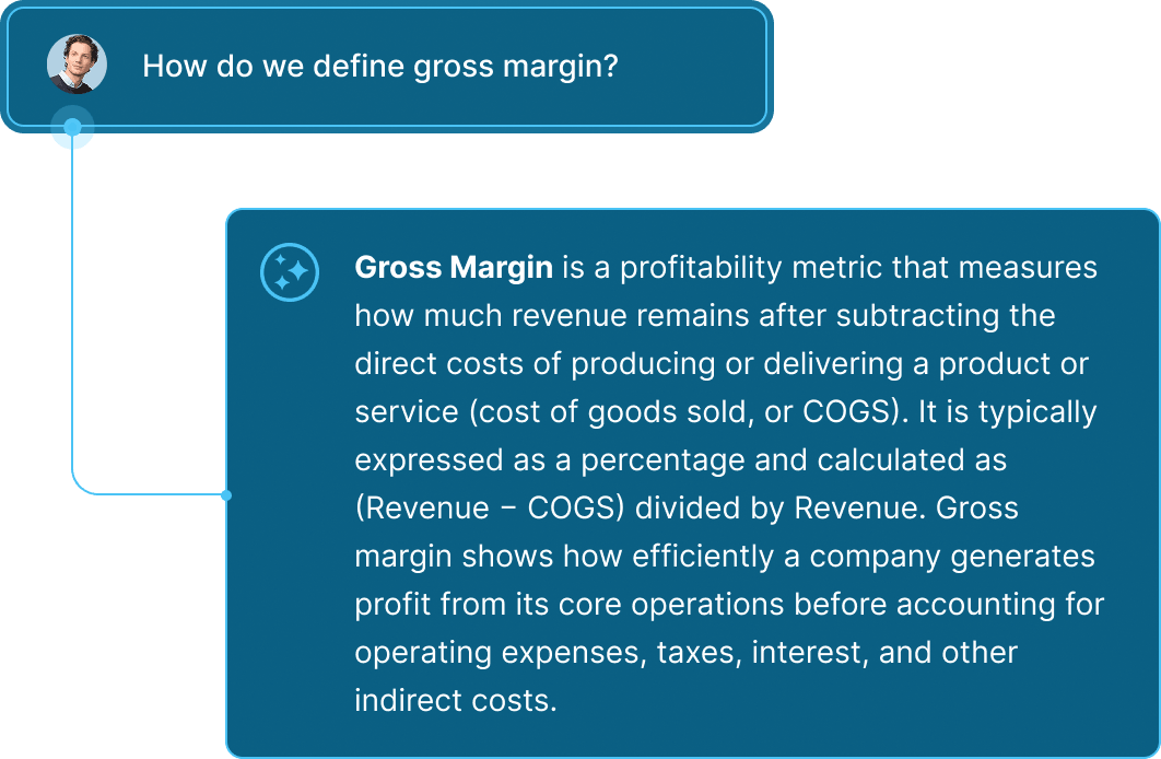 Conversational interface providing clear metric definitions to help users understand reports and dashboards.