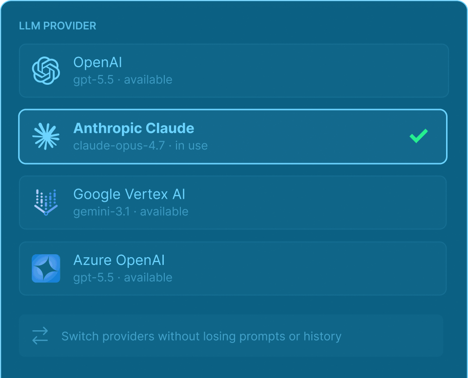LLM provider selector with Anthropic Claude currently active among four available providers.