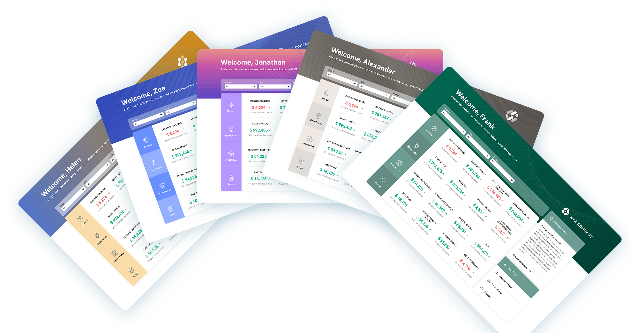 Collection of analytics app interfaces with different color themes and branding to match customer identity.