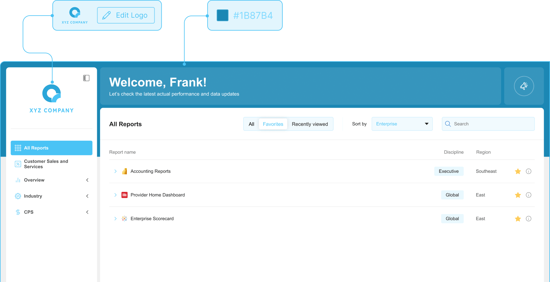Customization controls showing logo, color, and layout configuration for a branded app experience.