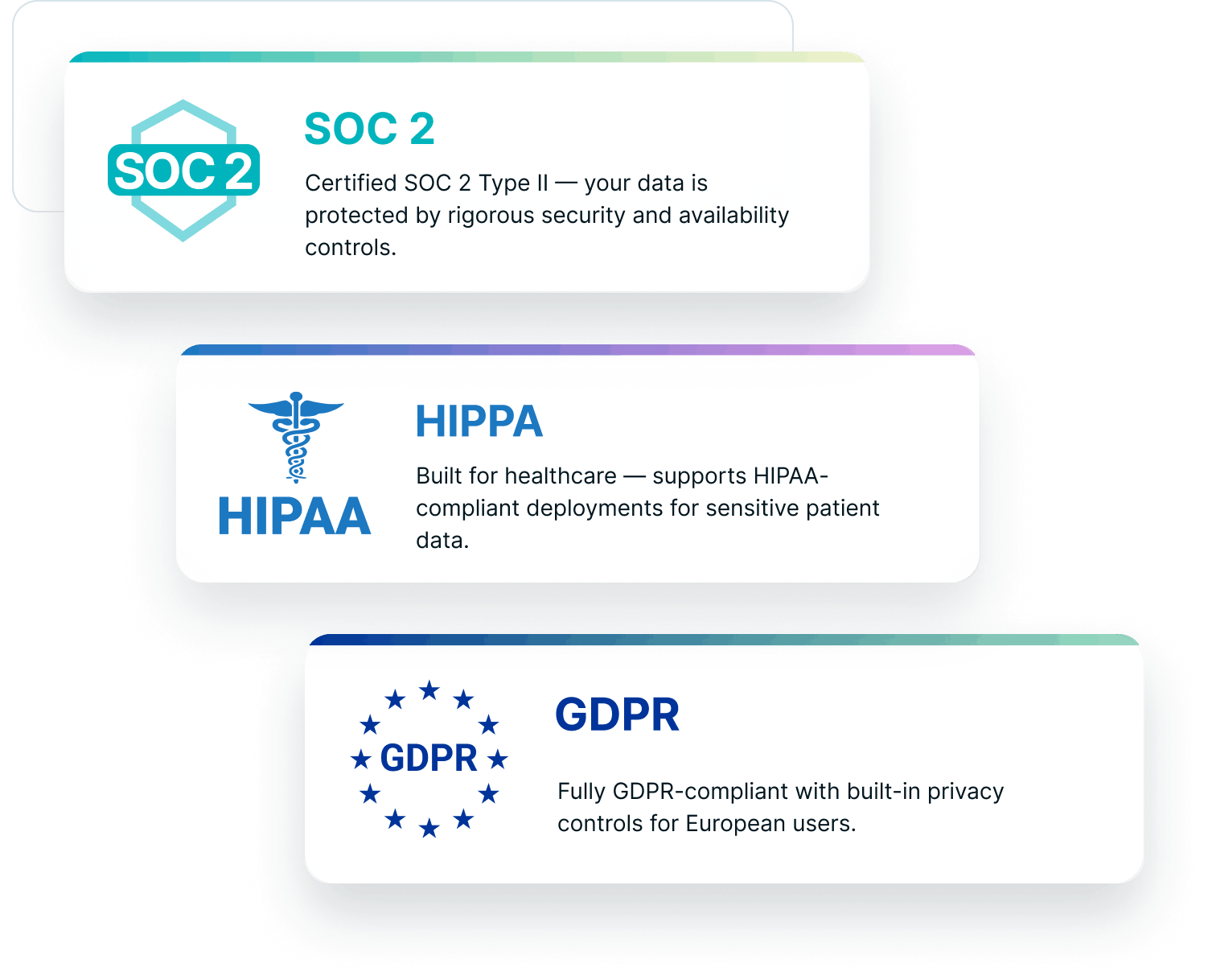 SOC 2 Type I certification badge, HIPAA compliance badge, and GDPR compliance badge stacked vertically Mobile version