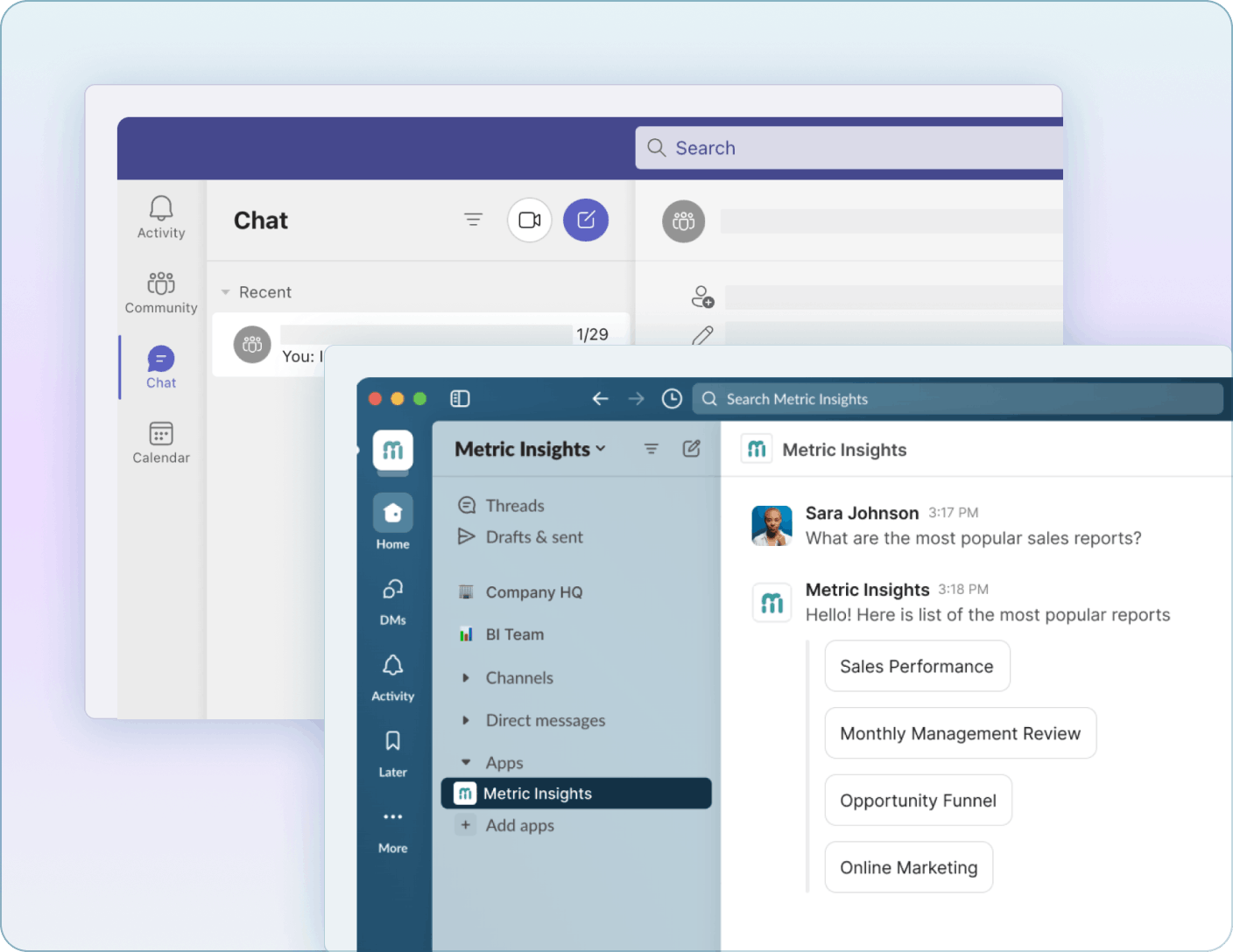 Integration view showing analytics alerts and reports delivered to Slack and Microsoft Teams Mobile Version