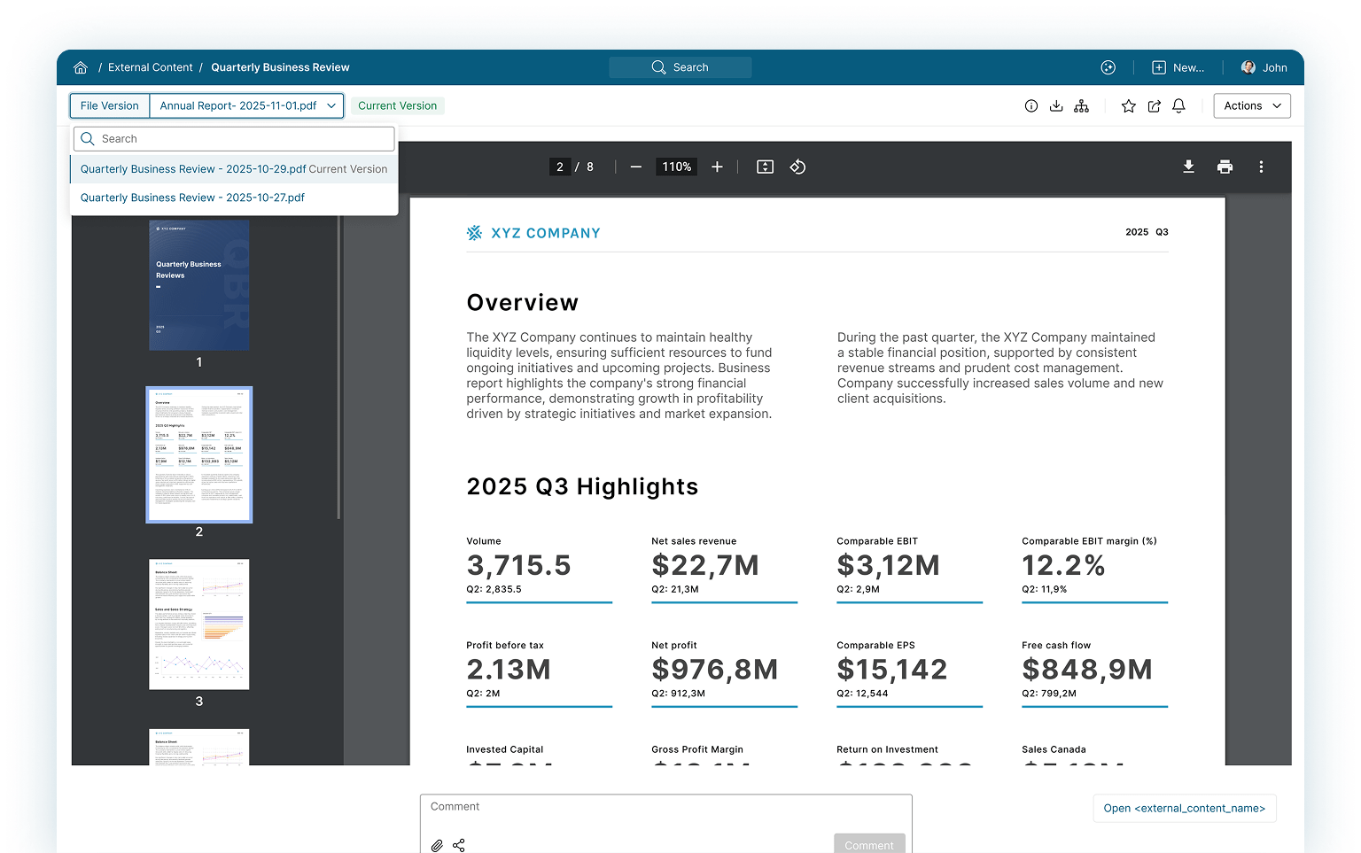 Embedded third-party content displayed alongside internal analytics Mobile Version