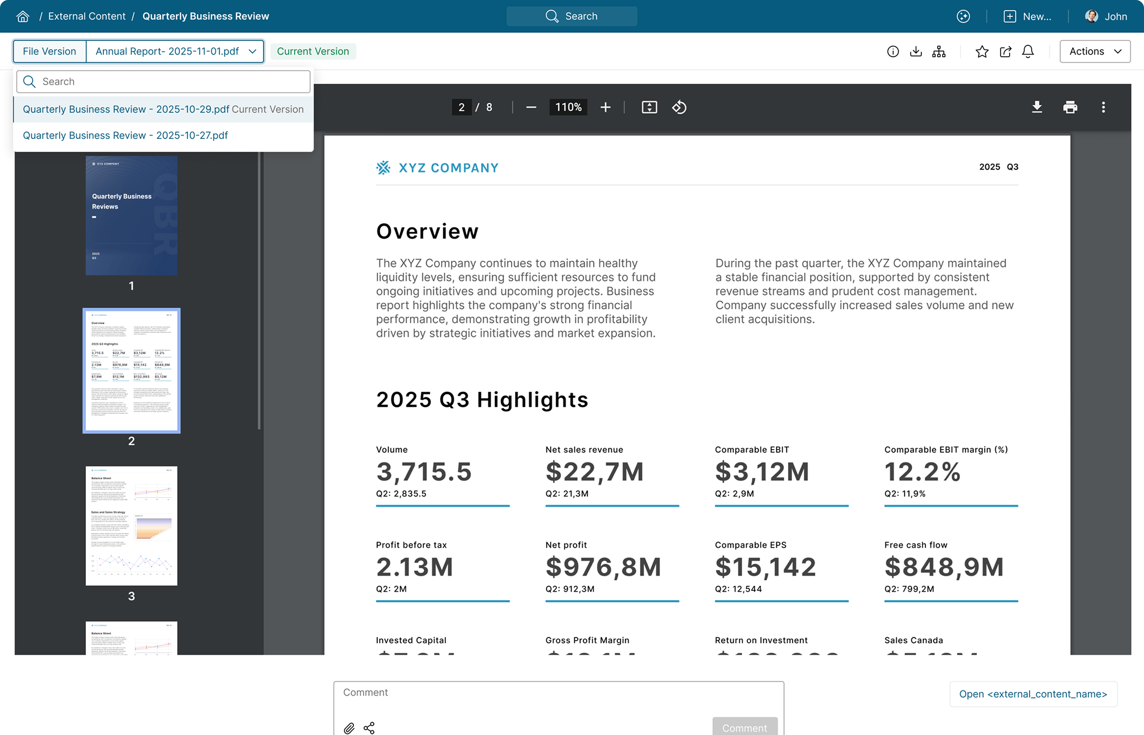 Embedded third-party content displayed alongside internal analytics