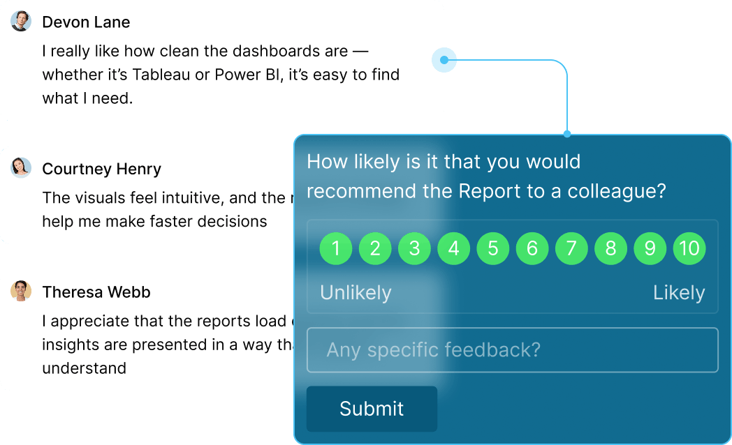 User feedback interface collecting comments and recommendation ratings for reports