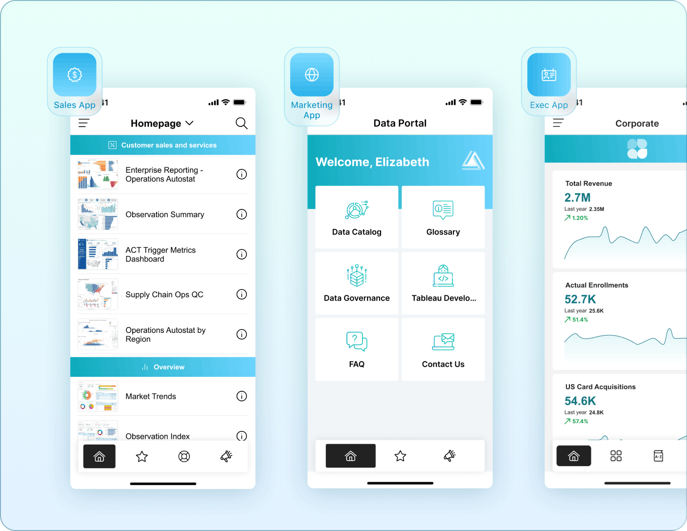 Multiple mobile app examples illustrating deployment of different custom apps for teams and use cases across the organization Mobile Version