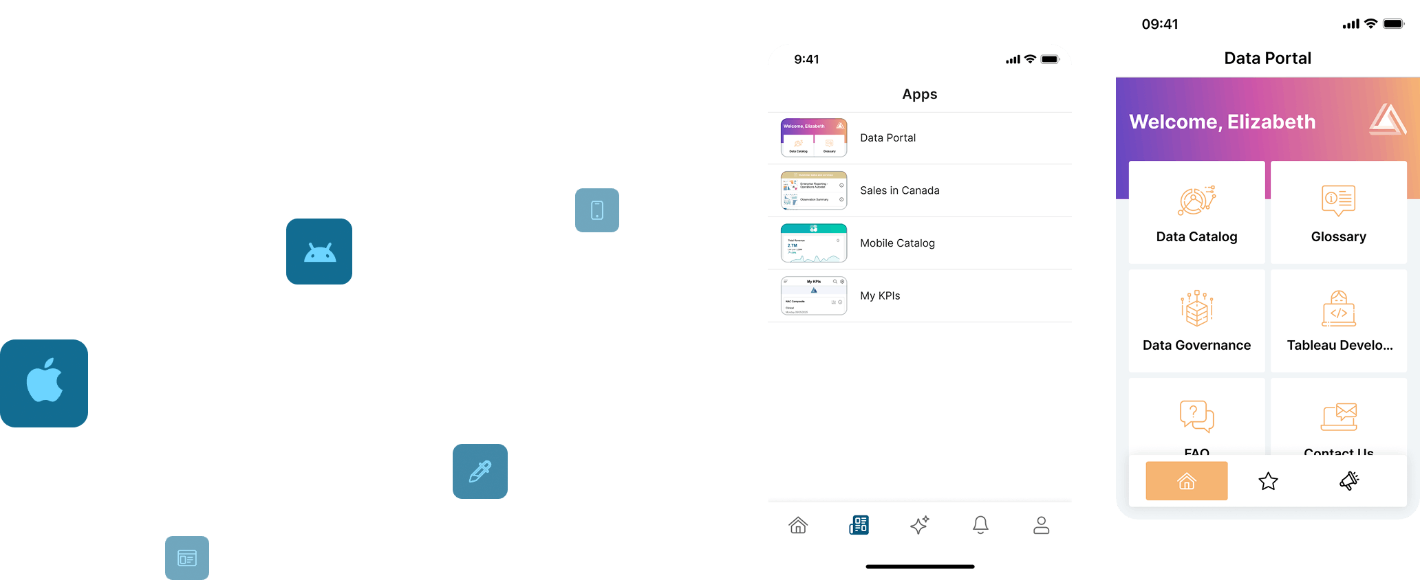 Offers flexibility to deploy either standard native mobile apps or fully custom, branded mobile experiences. The examples show KPI dashboards and announcements delivered consistently across iOS and Android