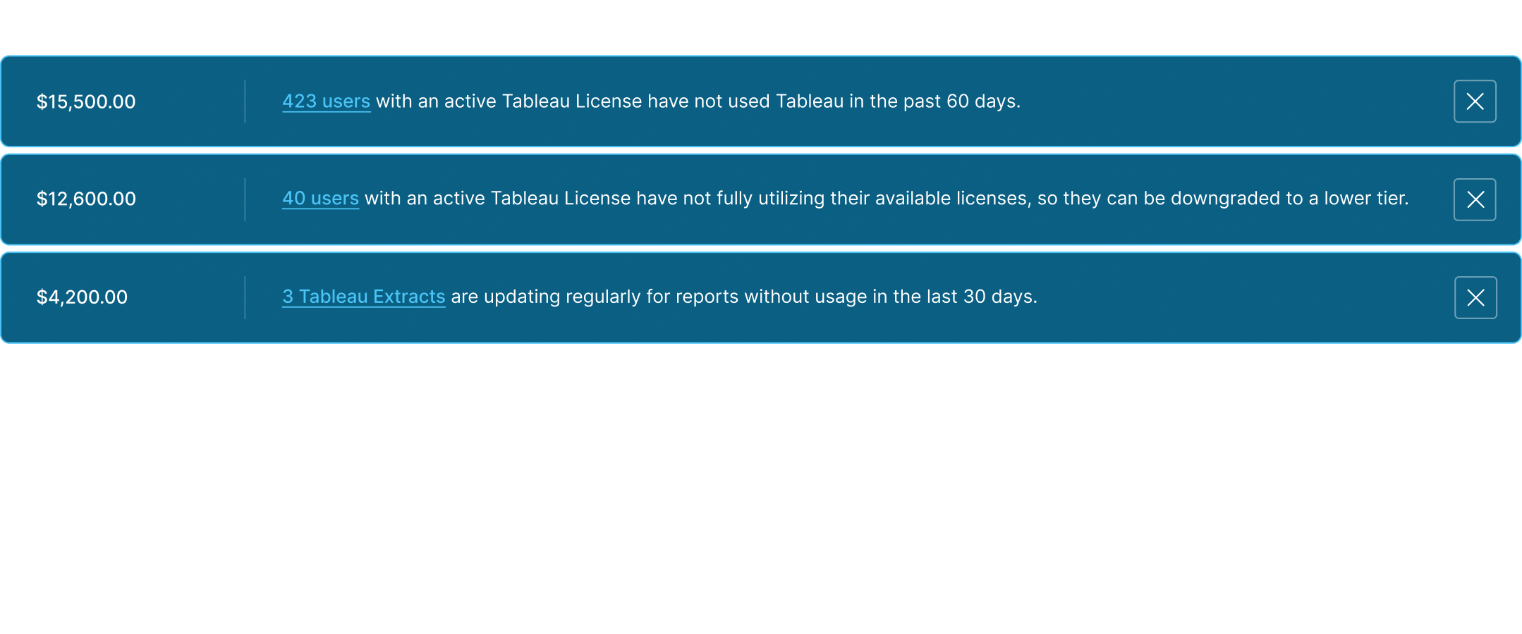 Recommendations dashboard highlighting potential cost savings and optimization actions across BI tools