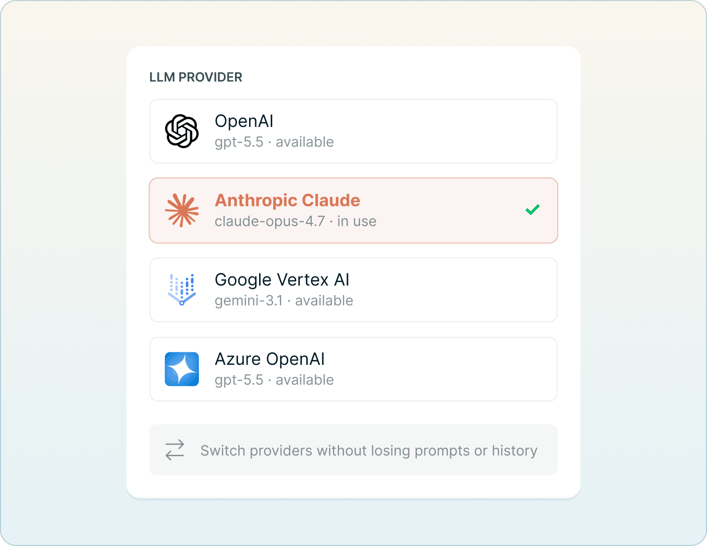 LLM provider selector with Anthropic Claude currently active among four available providers Mobile version