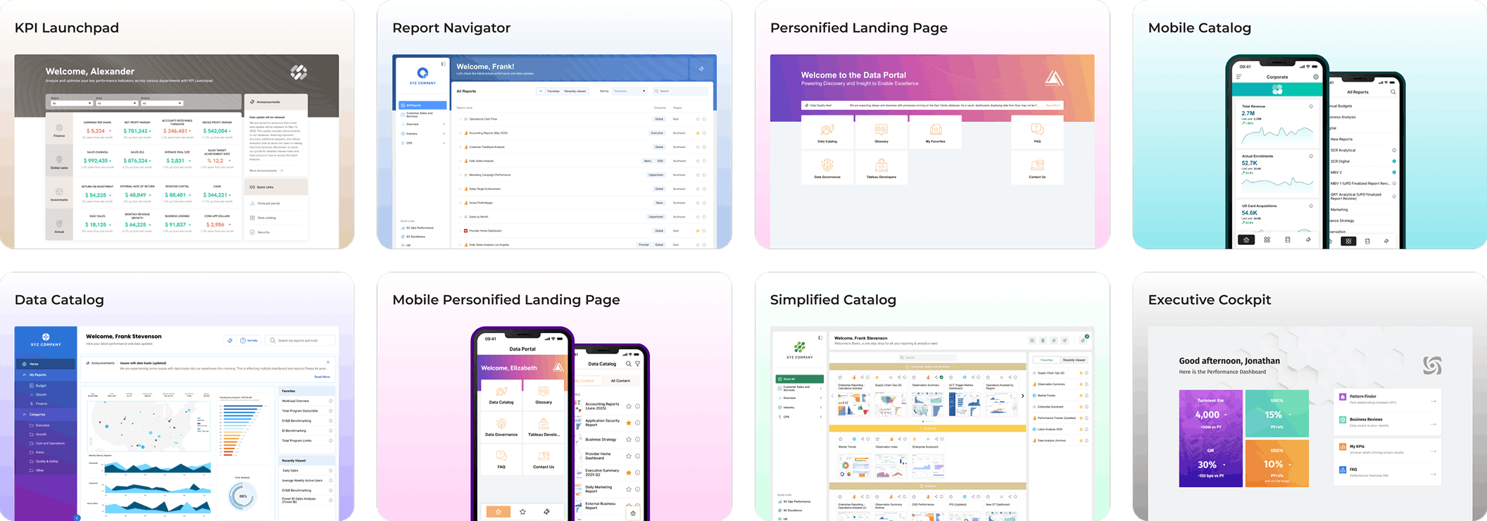 Grid of example app tiles including KPI Launchpad, Report Navigator, Personalized Landing Page, Mobile Catalog, Data Catalog, Mobile Personalized Landing Page, Simplified Catalog, and Executive Cockpit.