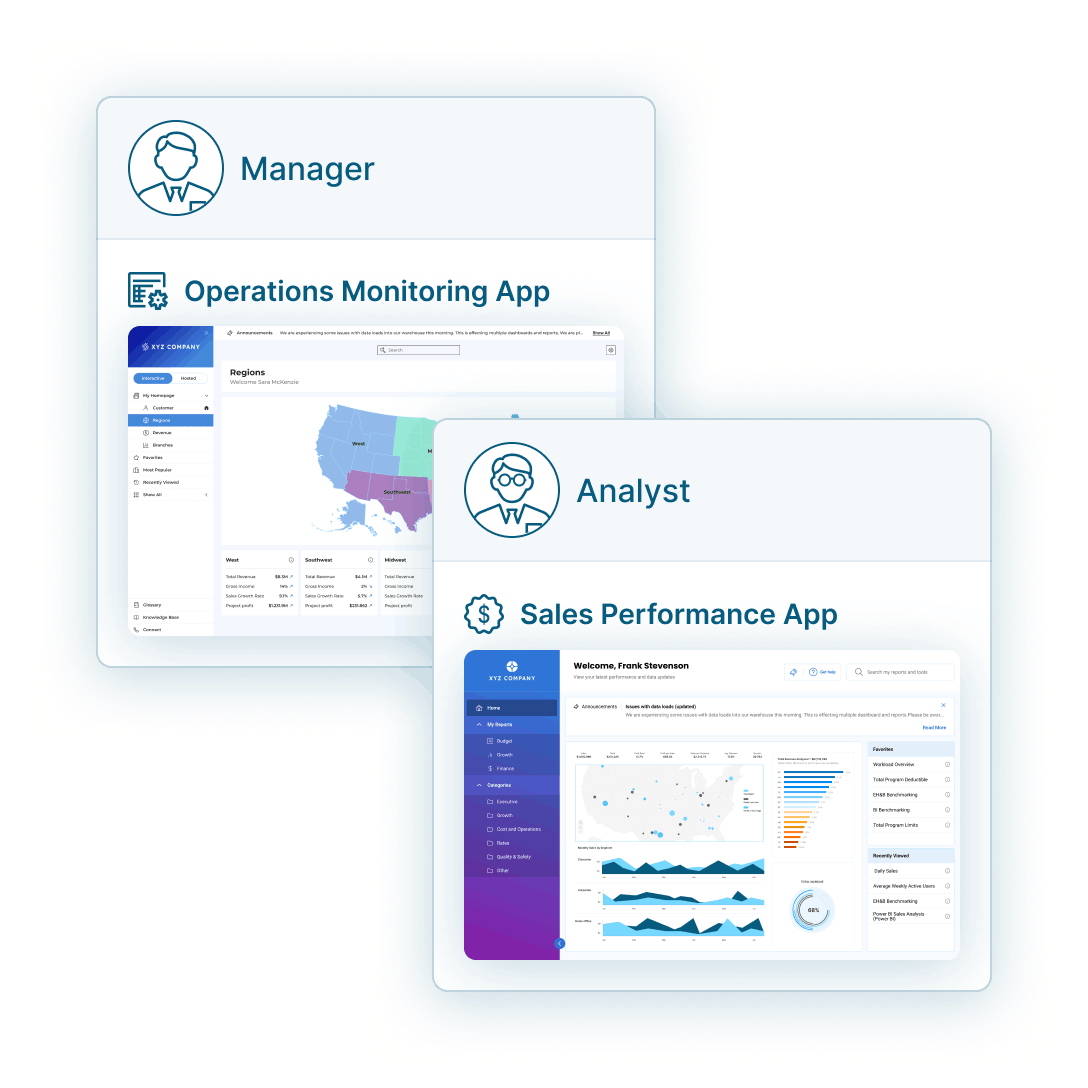 Apps tailored to different roles (e.g., executives, managers, analysts, operations), showing how the same data can be shaped to fit distinct goals and workflows.