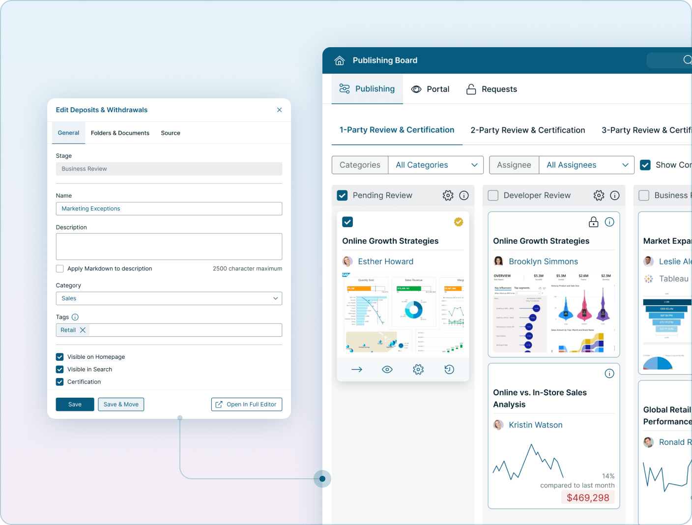 Interface showing workflows used to review, approve, and publish analytics content Mobile Version