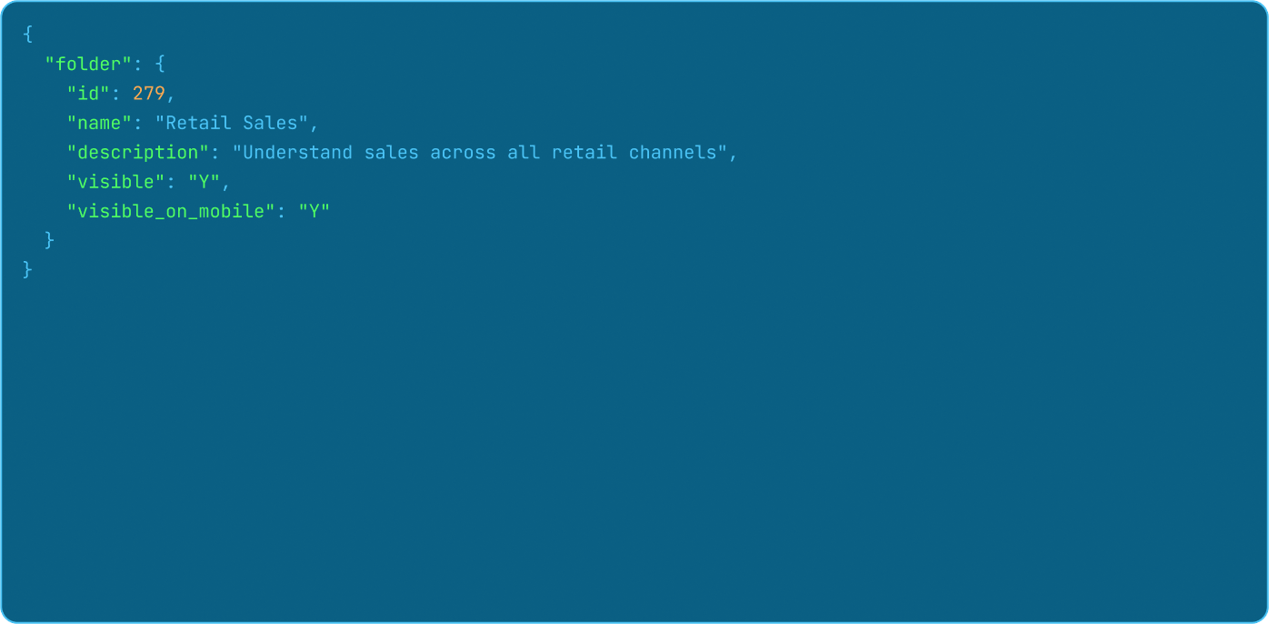 JSON configuration snippet demonstrating access to backend APIs for folders, metadata, and application settings