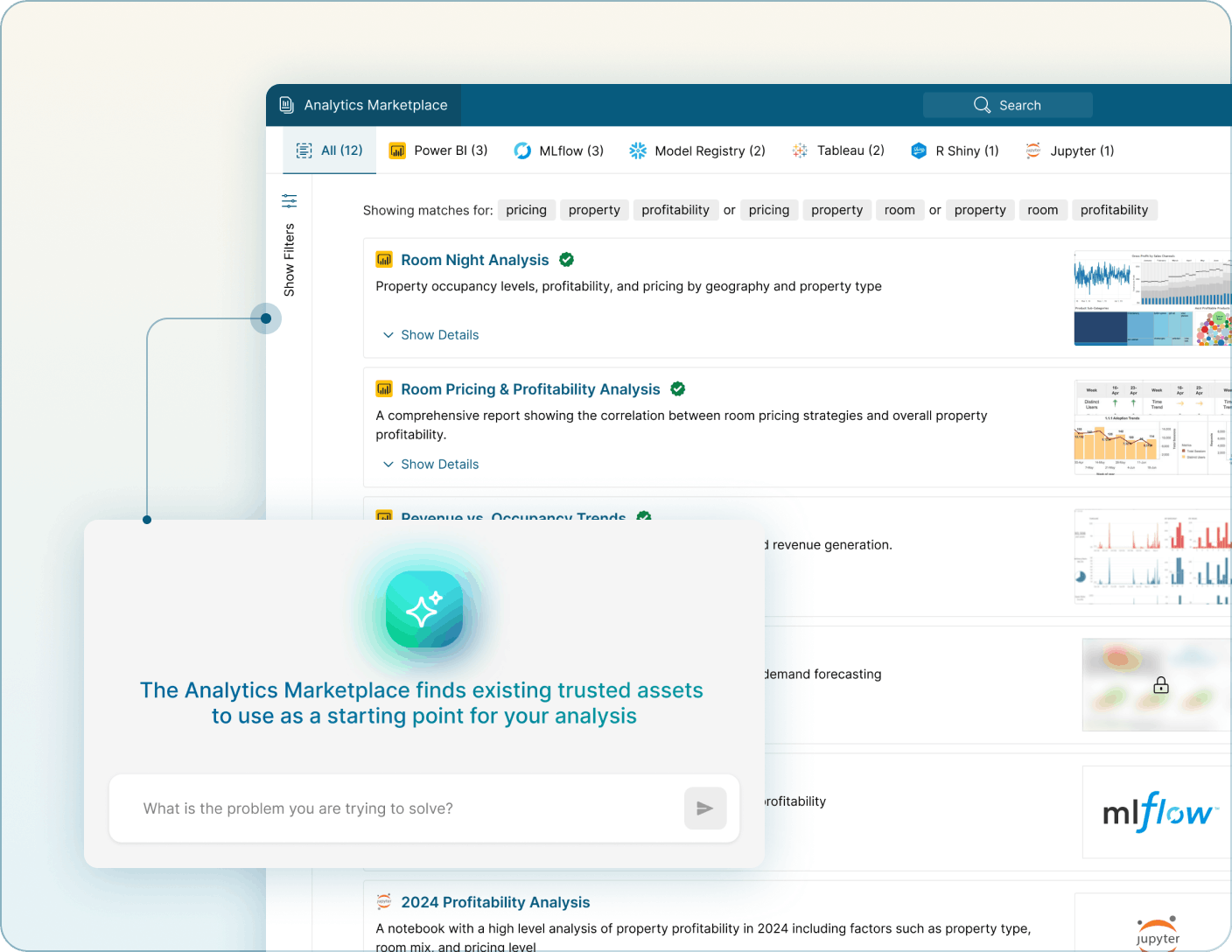 Marketplace interface for discovering analytics assets, data products, and curated content across the organization Mobile Version