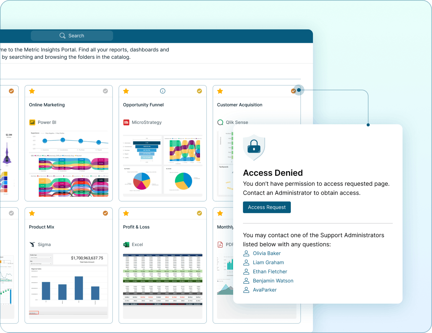 Discoverable report view with access controls and access request workflows Mobile Version