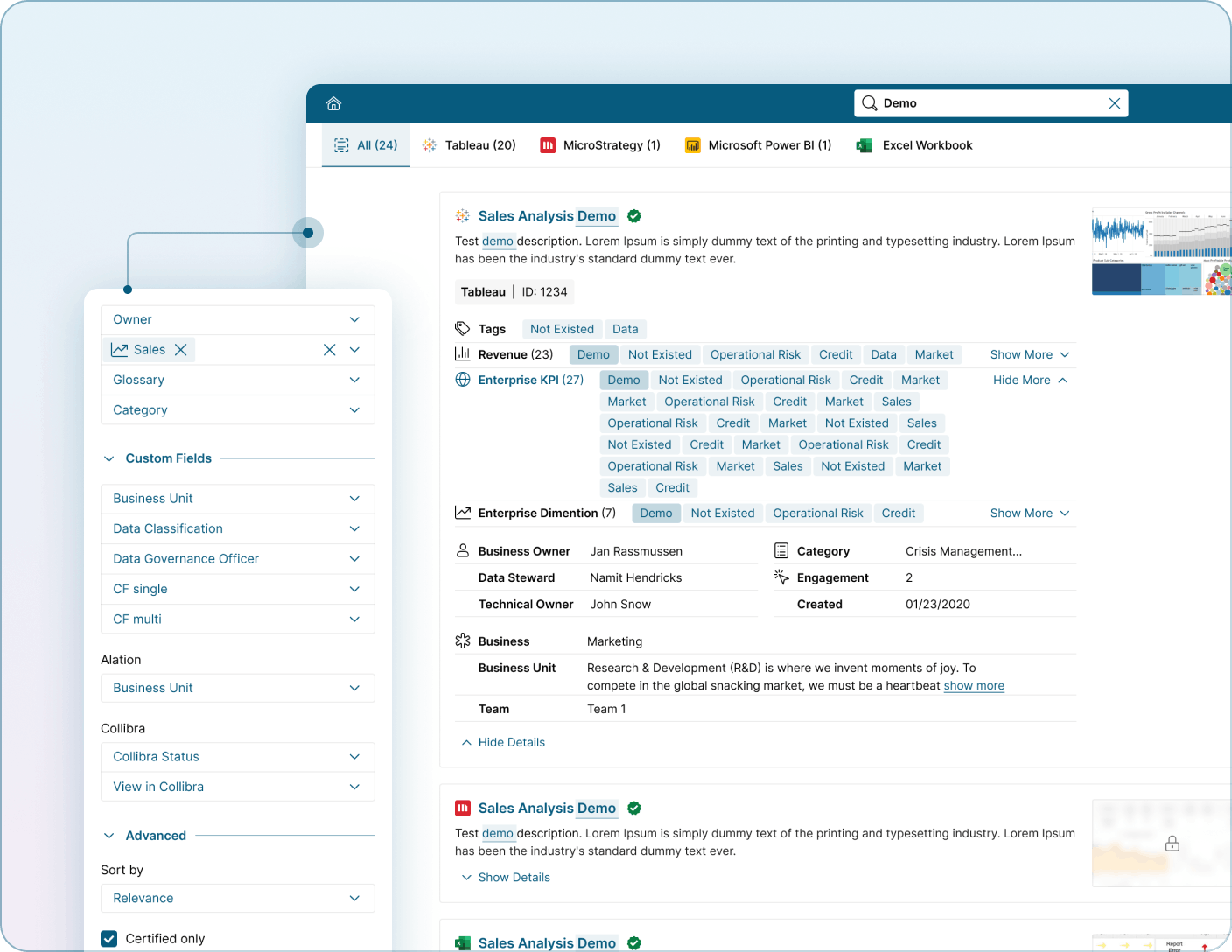 Search interface showing keyword, metadata, and glossary-based search results for reports and dashboards Mobile Version