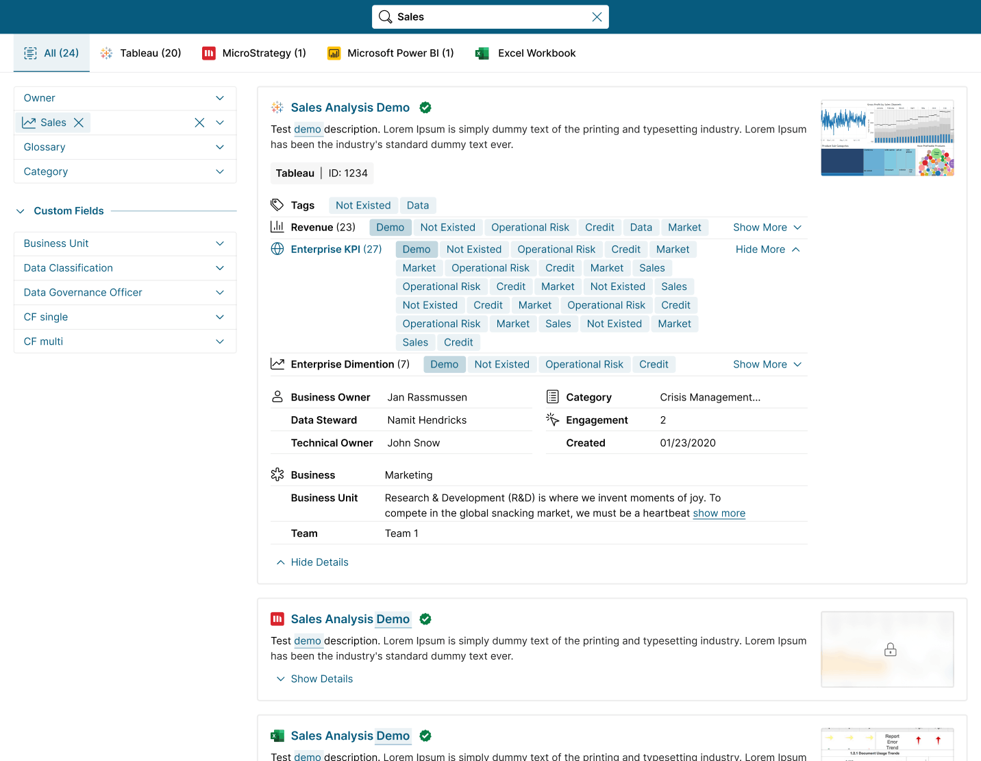 Search interface showing filtered results using keywords, metadata, and glossary terms to find governed reports and dashboards